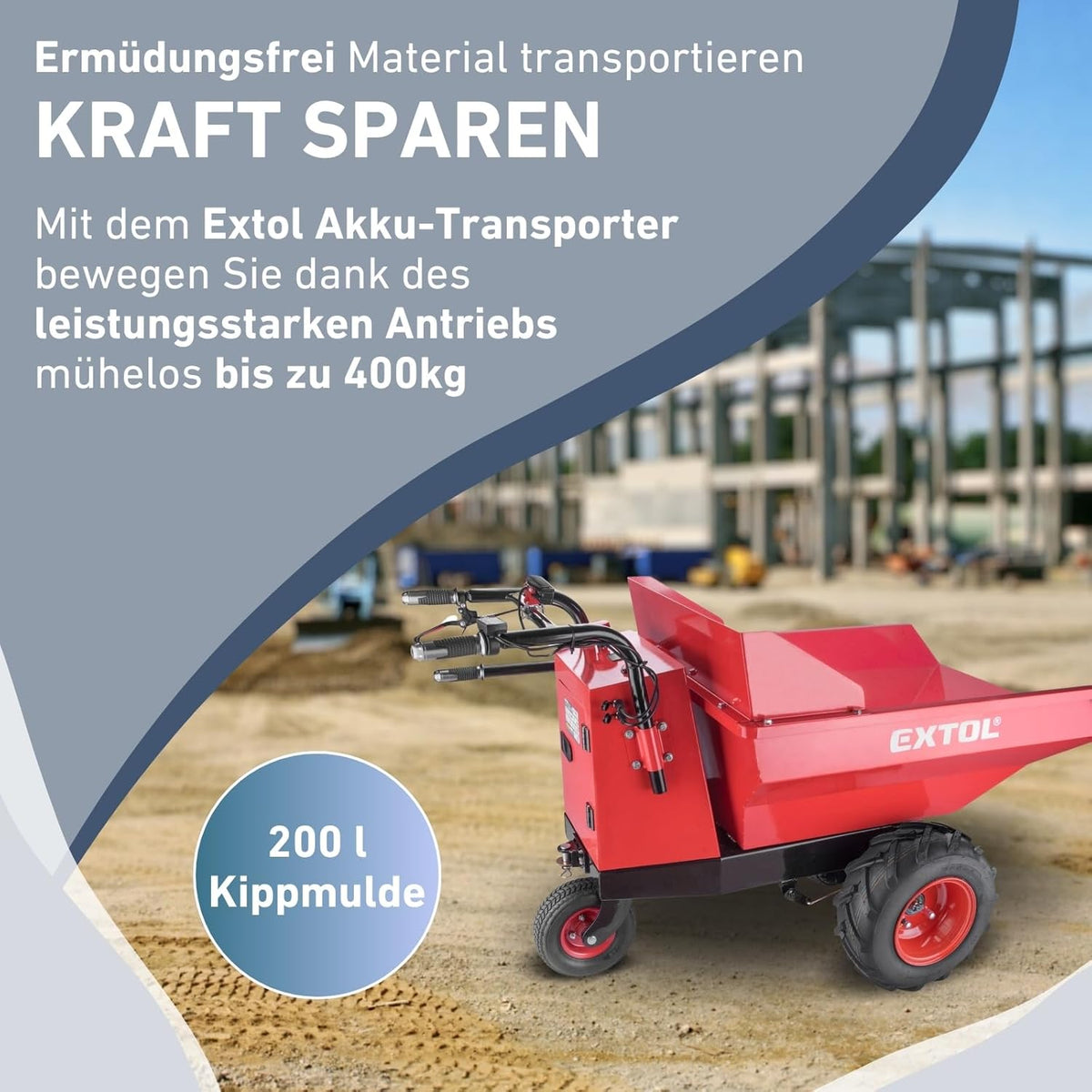 Elektrische Kippschubkarre mit Akku, 200L Mulde, 400kg Traglast, EXTOL PREMIUM