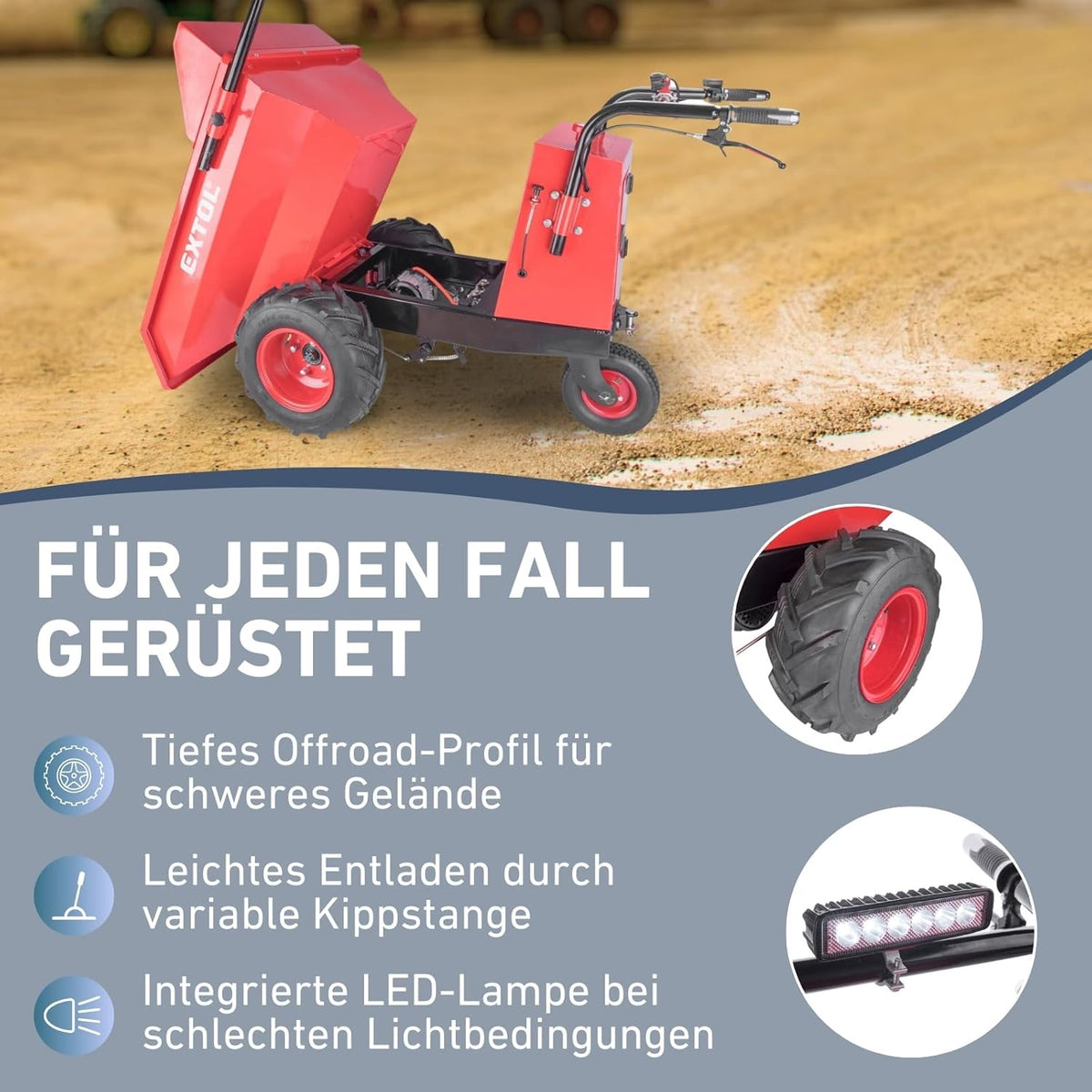 Elektrische Kippschubkarre mit Akku, 200L Mulde, 400kg Traglast, EXTOL PREMIUM
