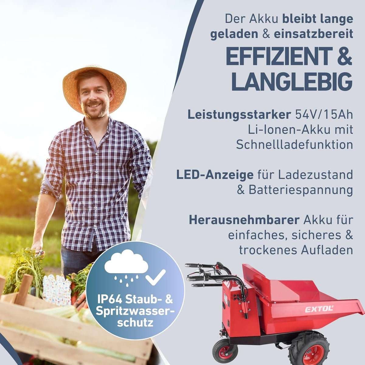 Elektrische Kippschubkarre mit Akku, 200L Mulde, 400kg Traglast, EXTOL PREMIUM