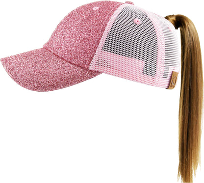 KBETHOS - Glitzernde Baseballkappe im Meshback-Stil mit Ponytail-Öffnung