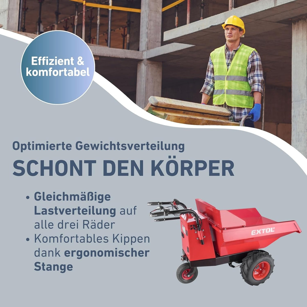 Elektrische Kippschubkarre mit Akku, 200L Mulde, 400kg Traglast, EXTOL PREMIUM
