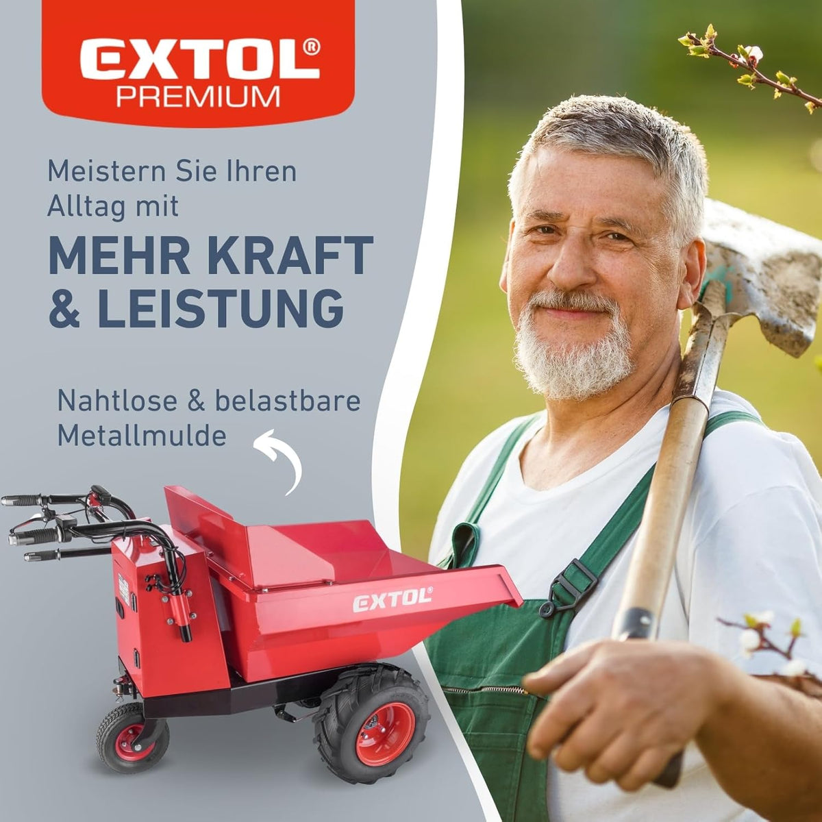 Elektrische Kippschubkarre mit Akku, 200L Mulde, 400kg Traglast, EXTOL PREMIUM
