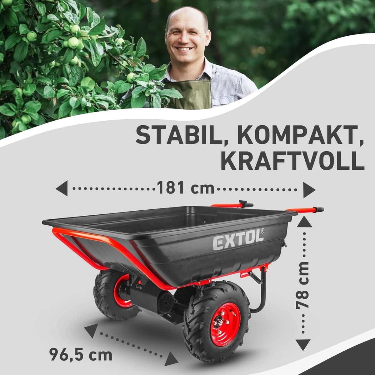 Elektrische Schubkarre mit Akku, 400kg, 225L Mulde, 40V, EXTOL PREMIUM