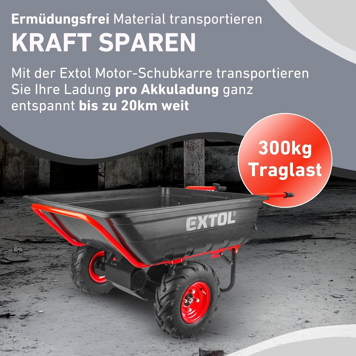 Elektrische Schubkarre mit Akku, 400kg, 225L Mulde, 40V, EXTOL PREMIUM