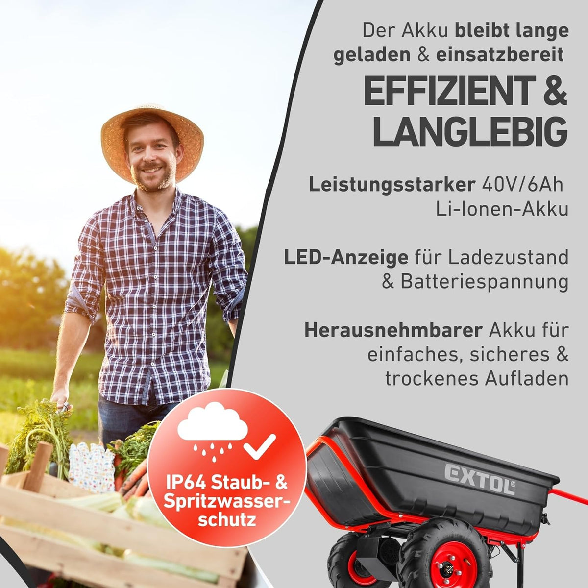 Elektrische Schubkarre mit Akku, 400kg, 225L Mulde, 40V, EXTOL PREMIUM