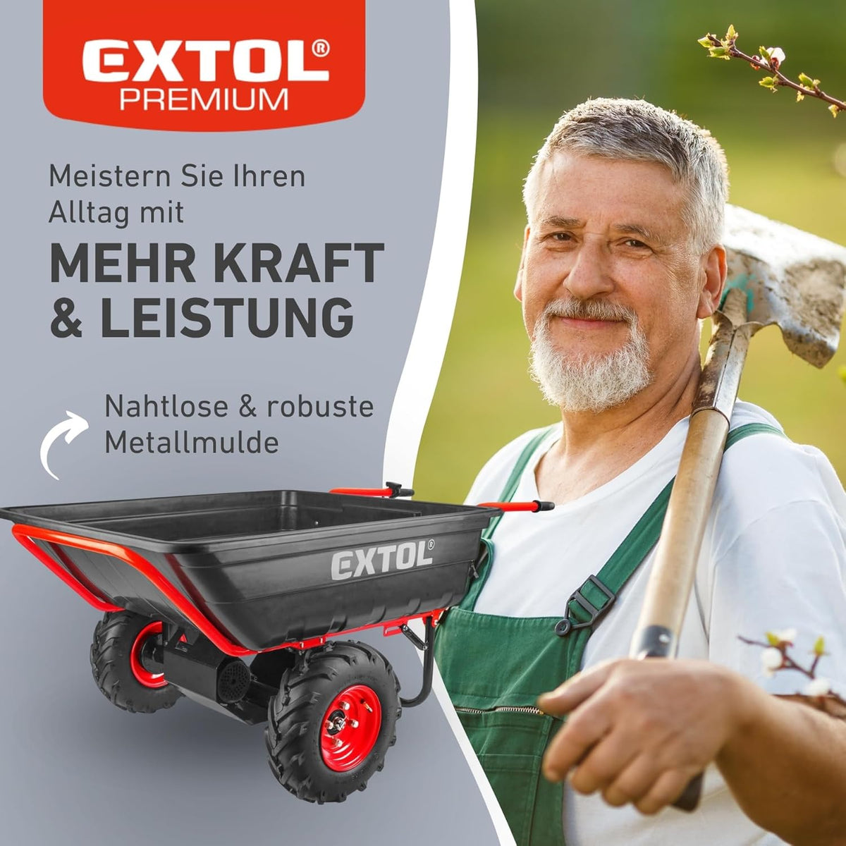 Elektrische Schubkarre mit Akku, 400kg, 225L Mulde, 40V, EXTOL PREMIUM
