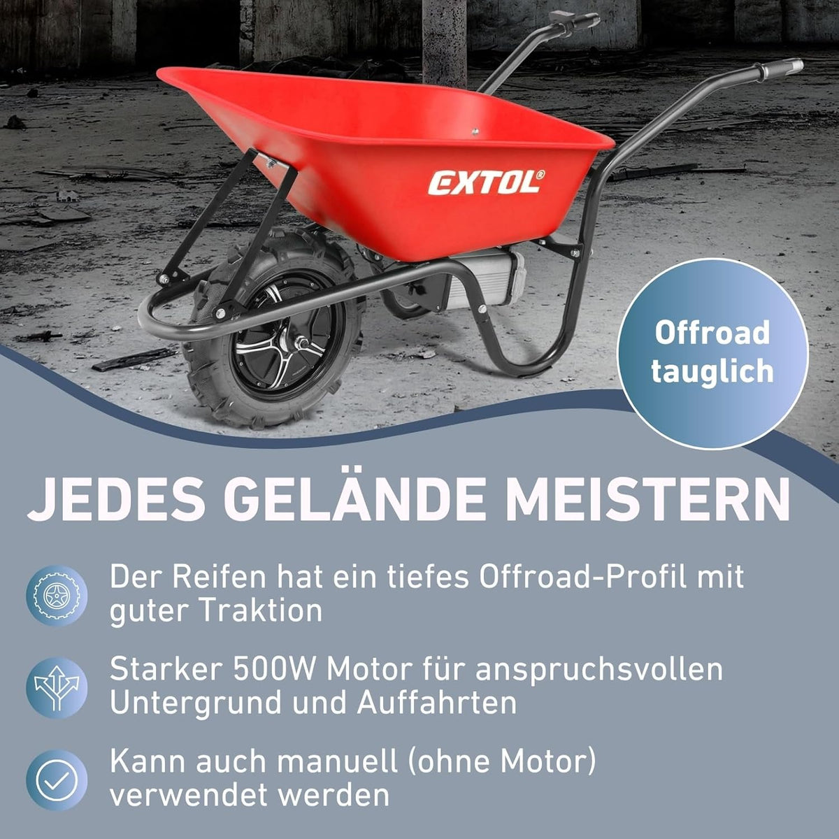 Elektrische Schubkarre mit Akku, 80L Mulde,  PREMIUM Kraft sparen